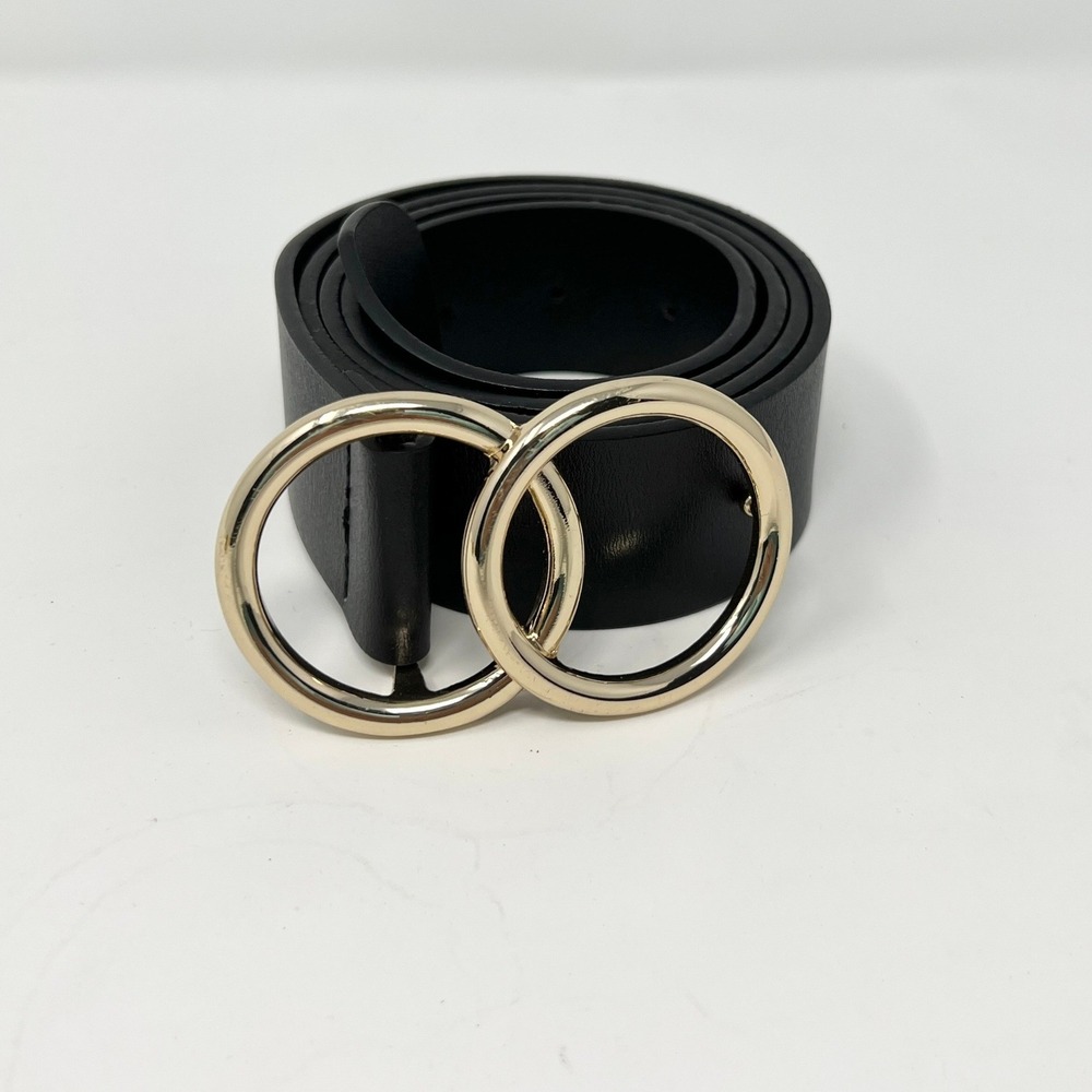 Womens Black Leather Double Ring Gold Buckle Belt BMG1831 Large 36 in